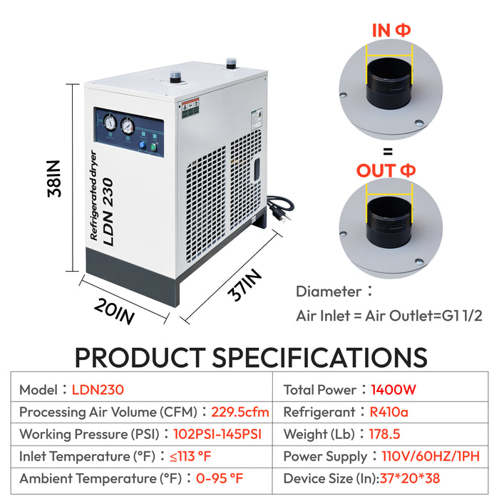 Air Dryer110V/60HZ Refrigerated Compressed System 229.5CFM - 50HP air compressor