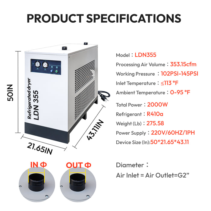 LDN355 Air Dryer 353CFM 220V/60HZ/1PH Refrigerated Compressed System