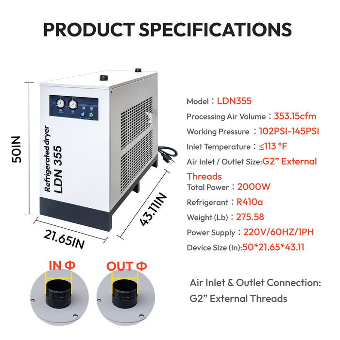 LDN355 Air Dryer 353CFM 220V/60HZ/1PH Refrigerated Compressed System