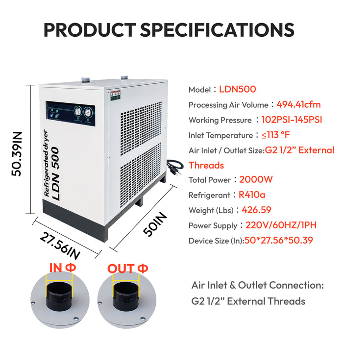 LDN500 Air Dryer 494.41CFM 220V/60HZ/1PH Refrigerated Compressed System