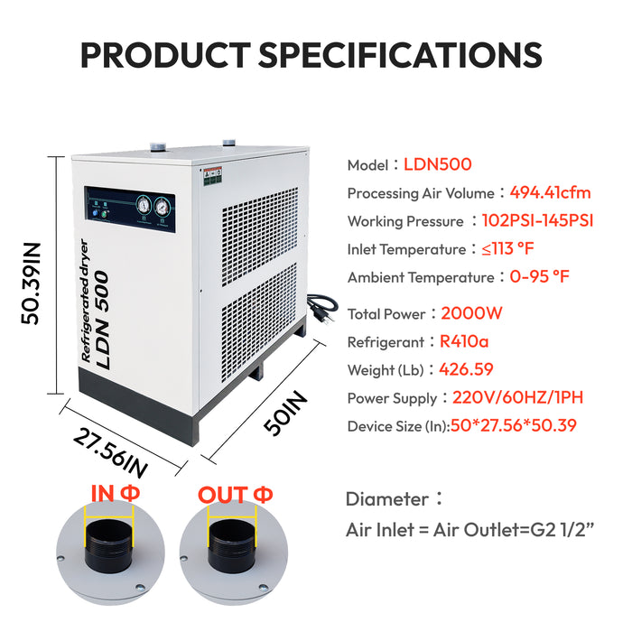 LDN500 Air Dryer 494.41CFM 220V/60HZ/1PH Refrigerated Compressed System