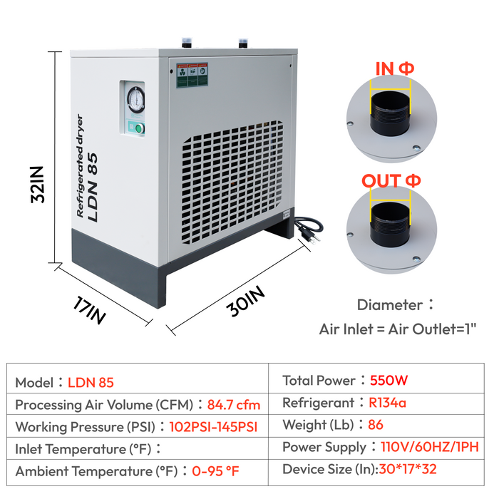 85 CFM REFRIGERATED COMPRESSED AIR DRYER 110V/60HZ, FOR 20HP COMPRESSORS MAX