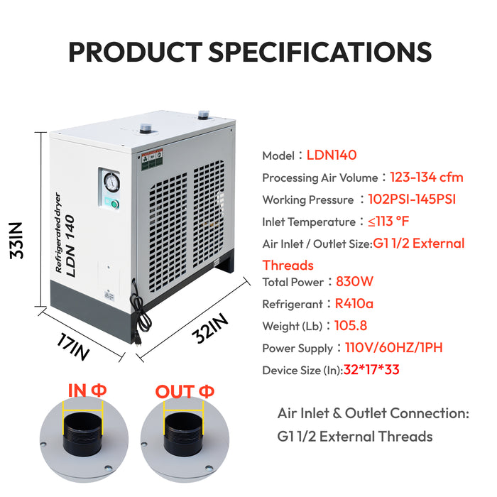 Air Dryer110V/60HZ Refrigerated Compressed System 123-134CFM - 30HP air compressor