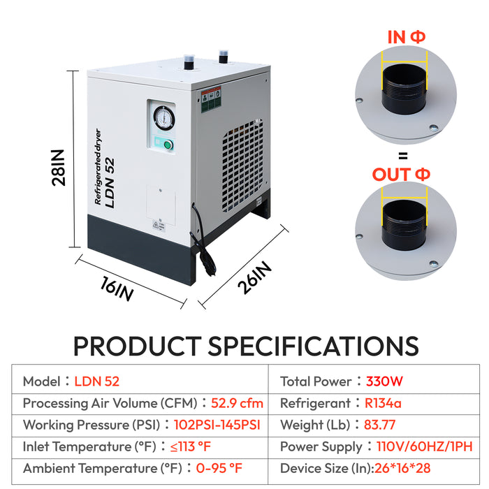 230V 1Phase 125psi 10HP Rotary Screw Air Compressor W/ 46CFM Refrigerated Dryer 1HP TK7.5-8