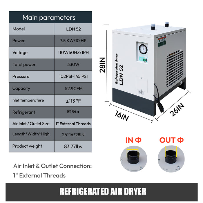 LRSD 10HP 7.5KW Rotary Screw Air Compressor with Refrigerated Air Dryer| 37 CFM @ 145 PSI | 230V 3-Phase 60Hz | RP1/2"  | (LS10)