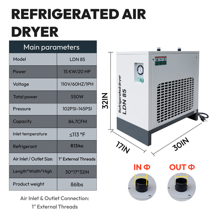 LRSD 15HP 11KW Rotary Screw Air Compressor with Refrigerated Air Dryer| 60.39 CFM @ 125 PSI | 230V 3-Phase 60Hz | RP3/4"  | (TK11-8)
