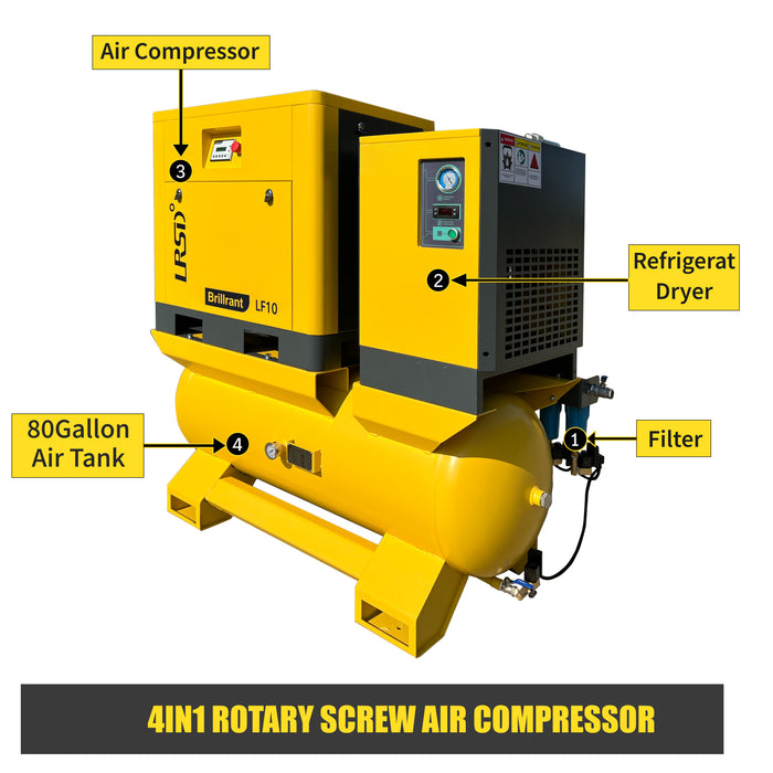 LRSD 4IN1 7.5 kW/10 hp, 230v/3 phase, 37 CFM with compressor, refrigerated dryer and 80-gallon air tank（ LF10）
