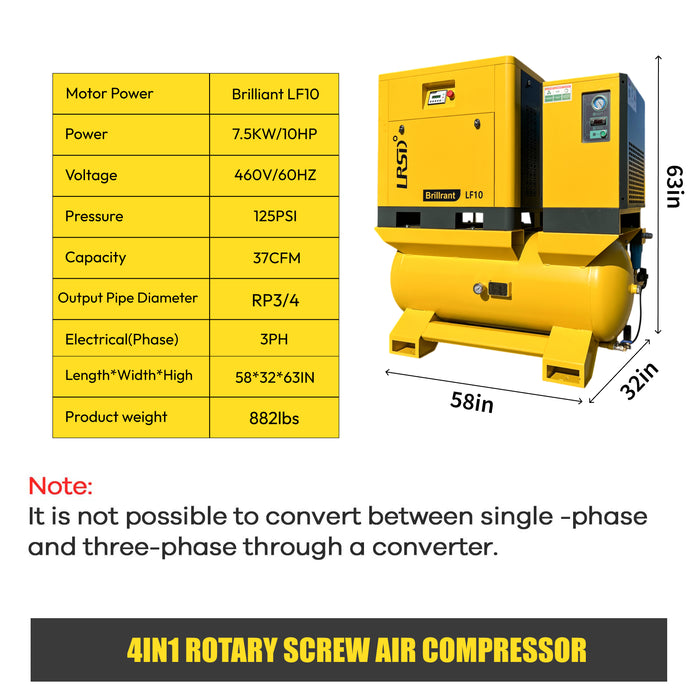 LRSD 4IN1 7.5 kW/10 hp, 460v/3 phase, 37 CFM with compressor, refrigerated dryer and 80-gallon air tank.（ LF10-460V）