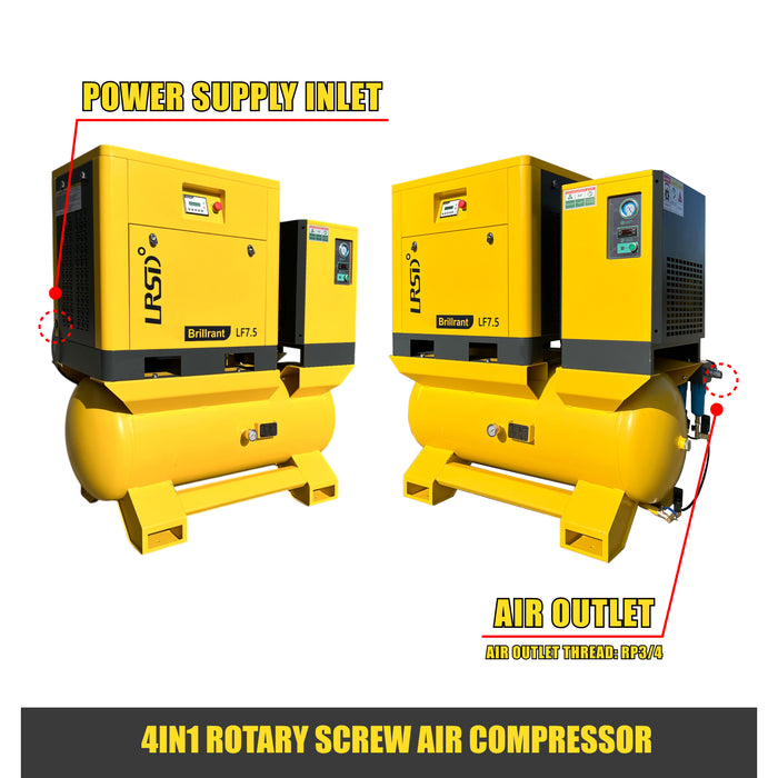 LRSD 4IN1 5.5KW/7.5HP Rotary Screw Air Compresor, 230v/3 phase, 29 CFM with refrigerated dryer, 80-gallon air tank and 5 Filters（ LF7.5）