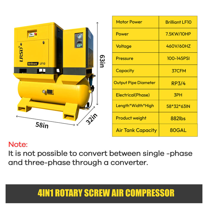LRSD 4IN1 7.5 kW/10 hp, 460v/3 phase, 37 CFM with compressor, refrigerated dryer and 80-gallon air tank.（ LF10-460V）