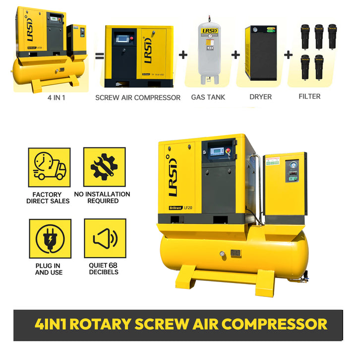 LRSD 4IN1 15KW/20HP Rotary Screw Air Compressor, 208V-230V/3 Phase 75 CFM with Refrigerated Dryer, 120 Gallon Air Tank and 5 Filters.（ LF20-230V）