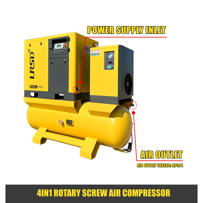 LRSD 4IN1 15KW/20HP Rotary Screw Air Compressor, 208V-230V/3 Phase 75 CFM with Refrigerated Dryer, 120 Gallon Air Tank and 5 Filters.（ LF20-230V）