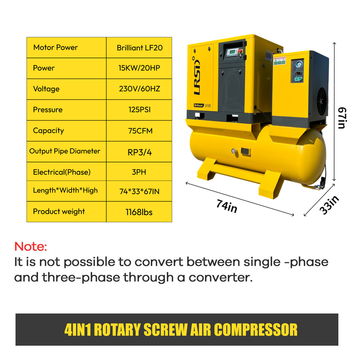 LRSD 4IN1 15 kW/20 hp, 230v/3 phase, 75 CFM with compressor, refrigerated dryer and 80-gallon air tank.（ LF20）