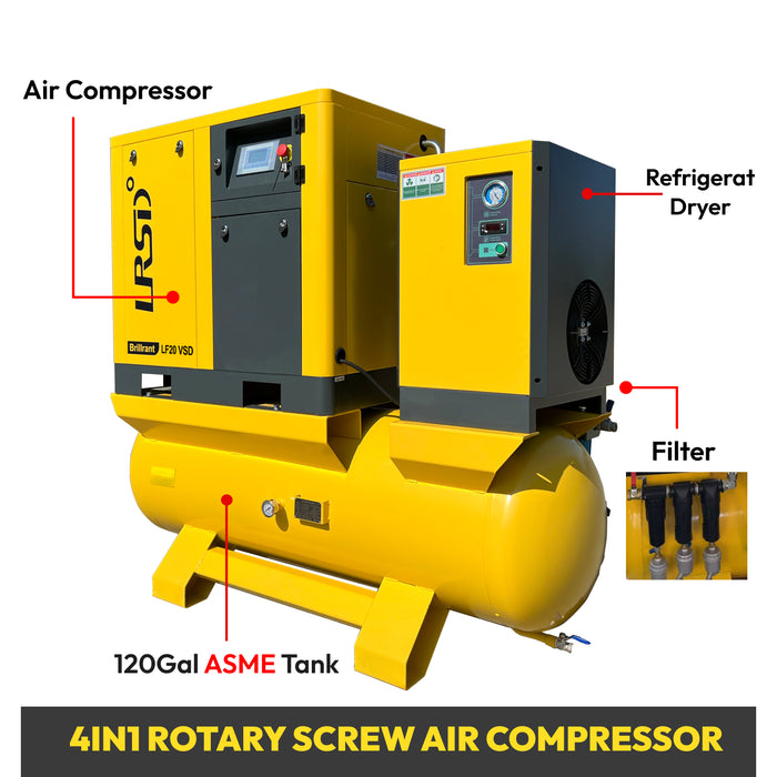 LRSD 20HP 15KW Rotary Screw Air Compressor | VSD | 80.16CFM @ 125 PSI | 460V 3-Phase 60Hz | 120 Gallon Air Tank|  RP3/4"(LF20VSD-460V)