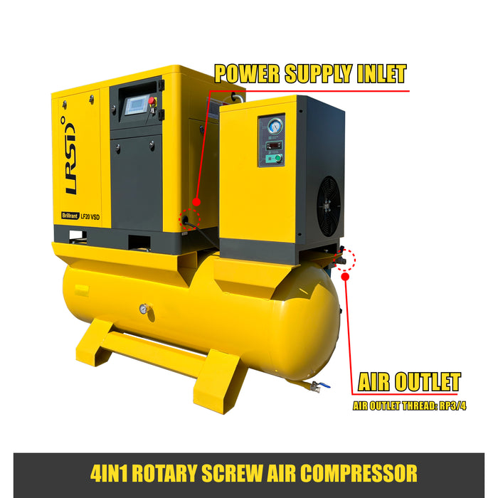 LRSD 20HP 15kW VSD Rotary Screw Air Compressor with ASME-Certified 120-Gallon Tank, 80.16 CFM @ 125 PSI, 460V 3-Phase 60Hz, RP3/4" Port (LF20VSD-460V)