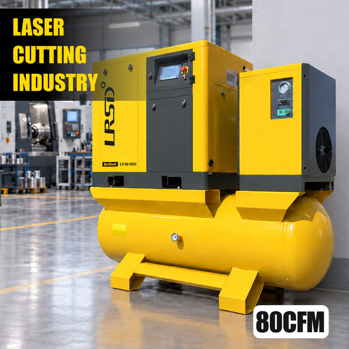 LRSD 20HP 15kW VSD Rotary Screw Air Compressor with ASME-Certified 120-Gallon Tank, 80.16 CFM @ 125 PSI, 460V 3-Phase 60Hz, RP3/4" Port (LF20VSD-460V)