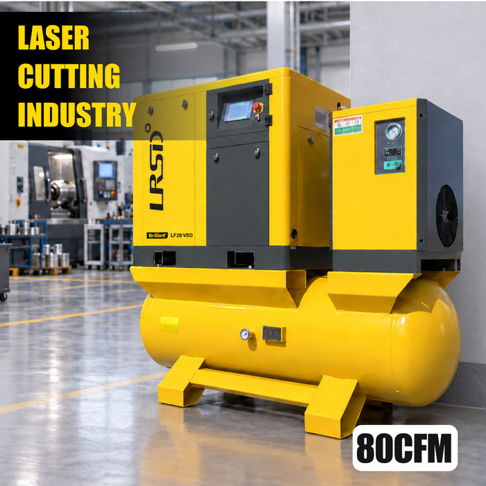 LRSD 20HP 15KW Rotary Screw Air Compressor | VSD |80.16 CFM @ 125 PSI, 230V 3 Phase 60Hz, 132 Gallon Air Tank, 3/4" Port (LF20VSD-230V)