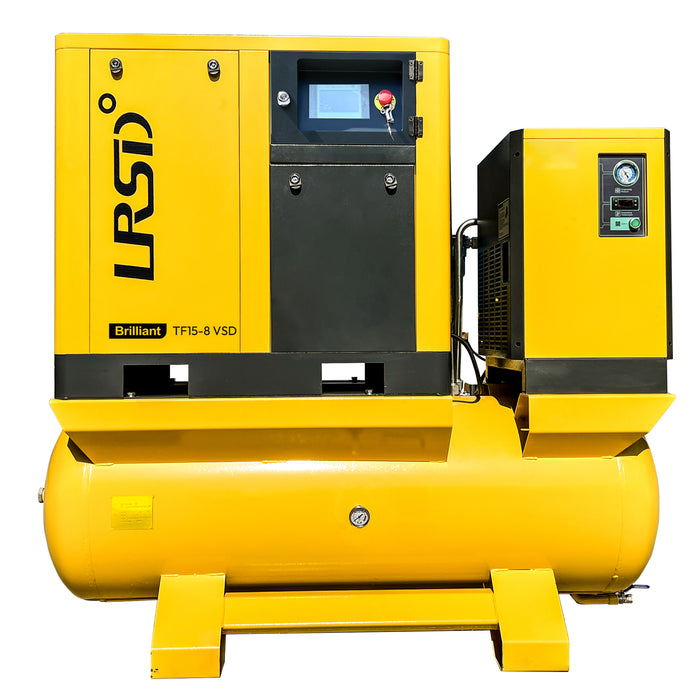 LRSD 20HP 15kW VSD Rotary Screw Air Compressor with ASME-Certified 120-Gallon Air Tank | 80.16 CFM @ 125 PSI, 230V 3-Phase 60Hz, 3/4" Port (TK15-8-VSD-230V)