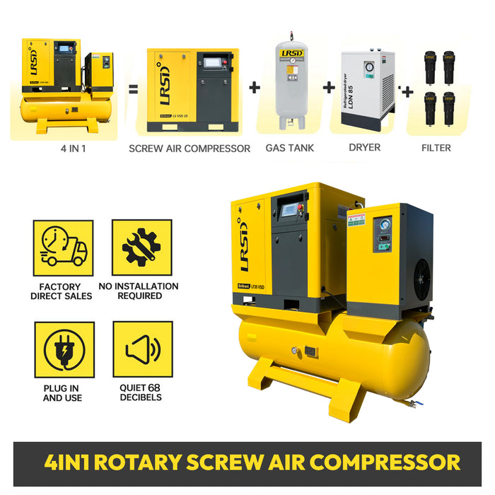 LRSD 20HP 15KW Rotary Screw Air Compressor | VSD | 80.16CFM @ 125 PSI | 460V 3-Phase 60Hz | 120 Gallon Air Tank|  RP3/4"(LF20VSD-460V)