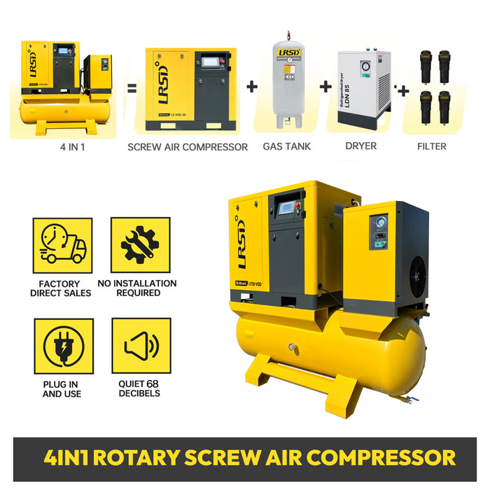 LRSD 20HP 15kW VSD Rotary Screw Air Compressor with ASME-Certified 120-Gallon Tank, 80.16 CFM @ 125 PSI, 460V 3-Phase 60Hz, RP3/4" Port (LF20VSD-460V)