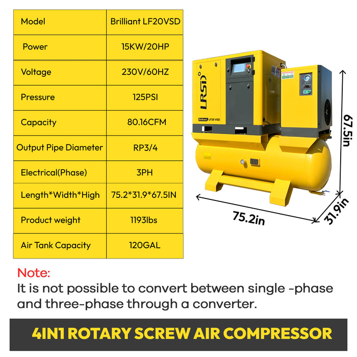 LRSD 20HP 15KW Rotary Screw Air Compressor | VSD |80.16 CFM @ 125 PSI, 230V 3 Phase 60Hz, 132 Gallon Air Tank, 3/4" Port (LF20VSD-230V)