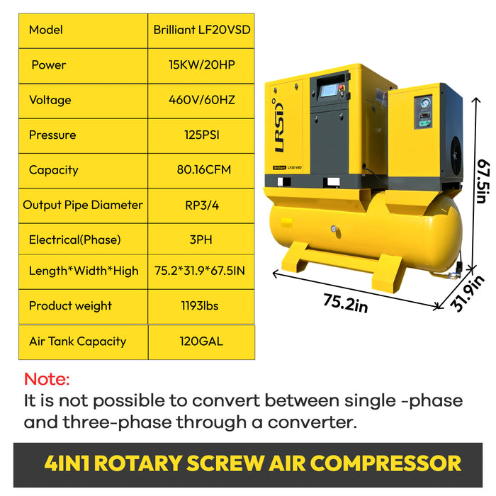 LRSD 20HP 15kW VSD Rotary Screw Air Compressor with ASME-Certified 120-Gallon Tank, 80.16 CFM @ 125 PSI, 460V 3-Phase 60Hz, RP3/4" Port (LF20VSD-460V)