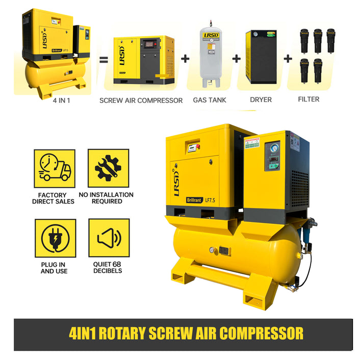 LRSD 4IN1 5.5KW/7.5HP Rotary Screw Air Compresor, 230v/3 phase, 29 CFM with refrigerated dryer, 80-gallon air tank and 5 Filters（ LF7.5）