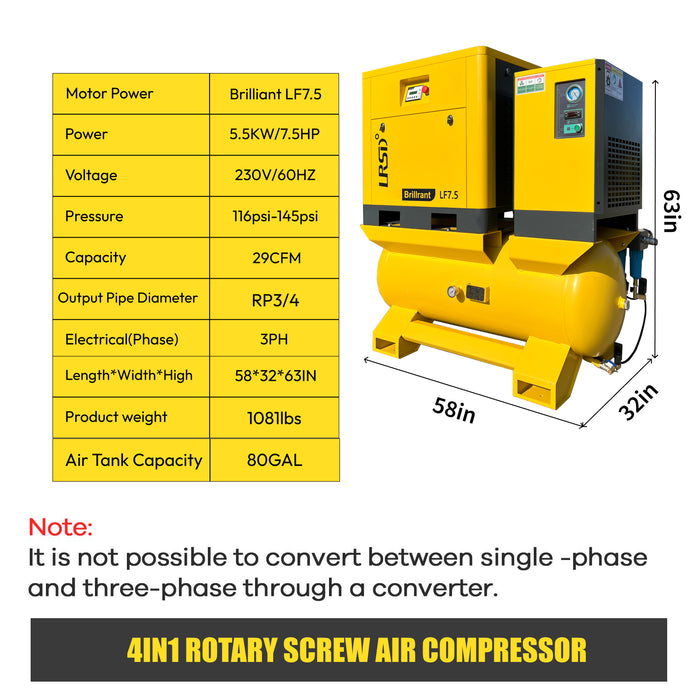 LRSD 4IN1 5.5KW/7.5HP Rotary Screw Air Compresor, 230v/3 phase, 29 CFM with refrigerated dryer, 80-gallon air tank and 5 Filters（ LF7.5）
