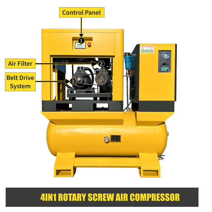 LRSD 4IN1 5.5KW/7.5HP Rotary Screw Air Compresor, 230v/3 phase, 29 CFM with refrigerated dryer, 80-gallon air tank and 5 Filters（ LF7.5）