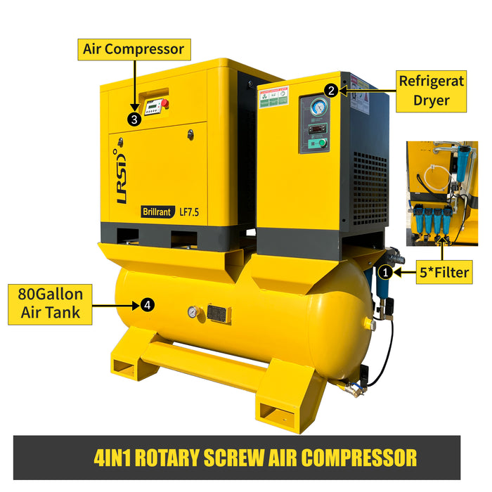 LRSD 4IN1 5.5KW/7.5HP Rotary Screw Air Compresor, 230v/3 phase, 29 CFM with refrigerated dryer, 80-gallon air tank and 5 Filters（ LF7.5）