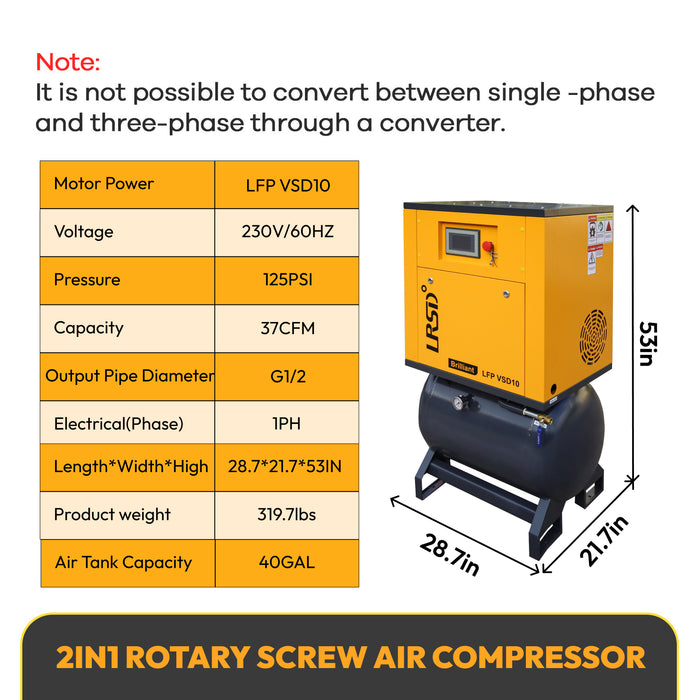 LRSD 2-IN-1 10HP VSD Rotary Screw Air Compressor 37 CFM 1PH 125PSI with 40Gal Tank (LFPVSD10)