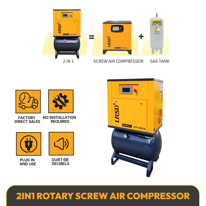 LRSD 2-IN-1 10HP VSD Rotary Screw Air Compressor 37 CFM 1PH 125PSI with 40Gal Tank (LFPVSD10)