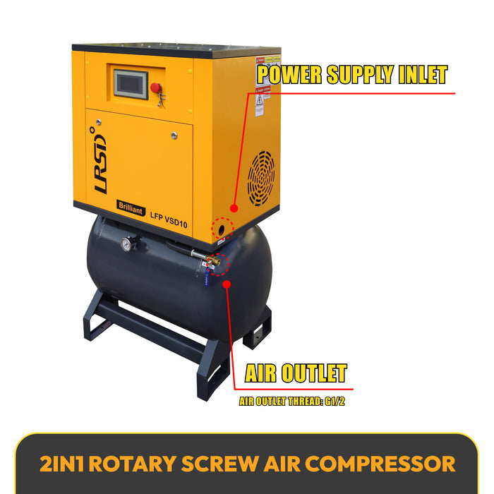 LRSD 2-IN-1 10HP VSD Rotary Screw Air Compressor 37 CFM 1PH 125PSI with 40Gal Tank (LFPVSD10)