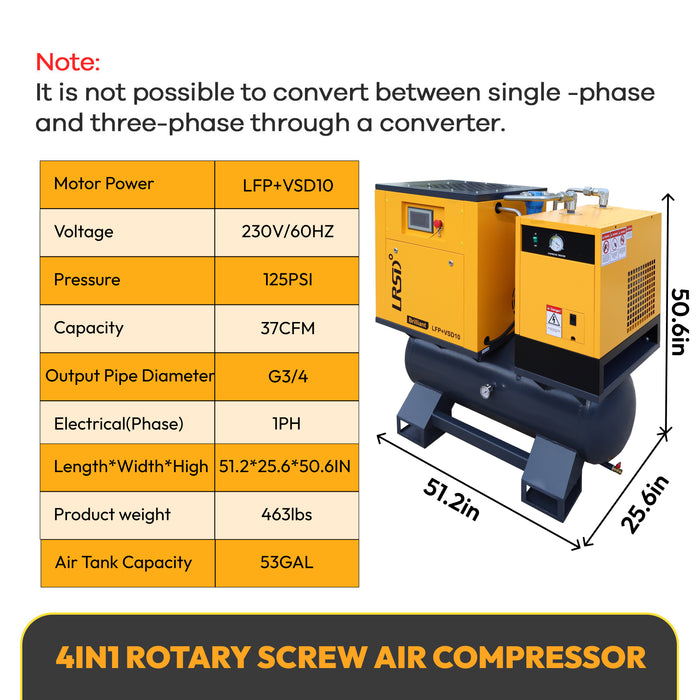 LRSD 4-IN-1 10HP VSD Rotary Screw Air Compressor 37 CFM 1PH 125PSI with 53Gal Tank & Dryer & Filters (LFP+VSD10)