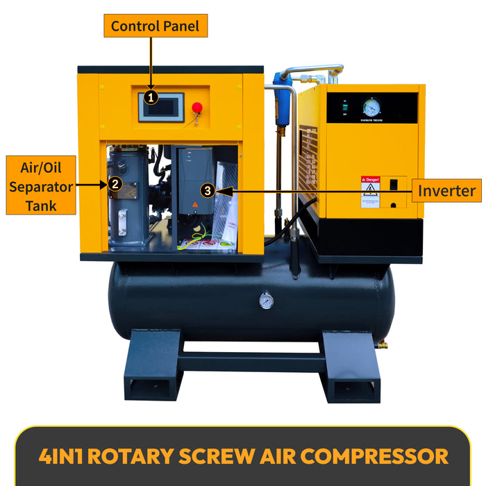 LRSD 4-IN-1 10HP VSD Rotary Screw Air Compressor 37 CFM 1PH 125PSI with 53Gal Tank & Dryer & Filters (LFP+VSD10)