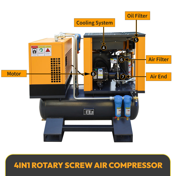 LRSD 4-IN-1 10HP VSD Rotary Screw Air Compressor 37 CFM 1PH 125PSI with 53Gal Tank & Dryer & Filters (LFP+VSD10)