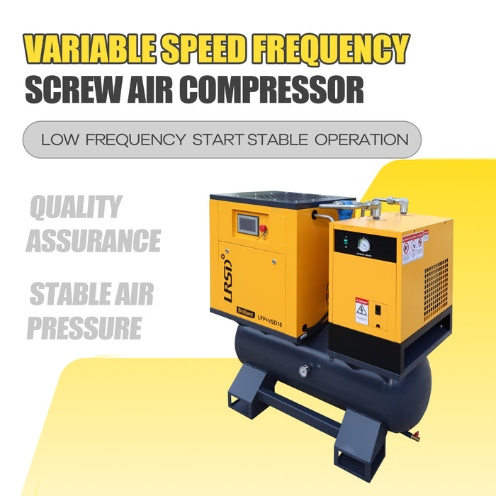 LRSD 4-IN-1 10HP VSD Rotary Screw Air Compressor 37 CFM 1PH 125PSI with 53Gal Tank & Dryer & Filters (LFP+VSD10)