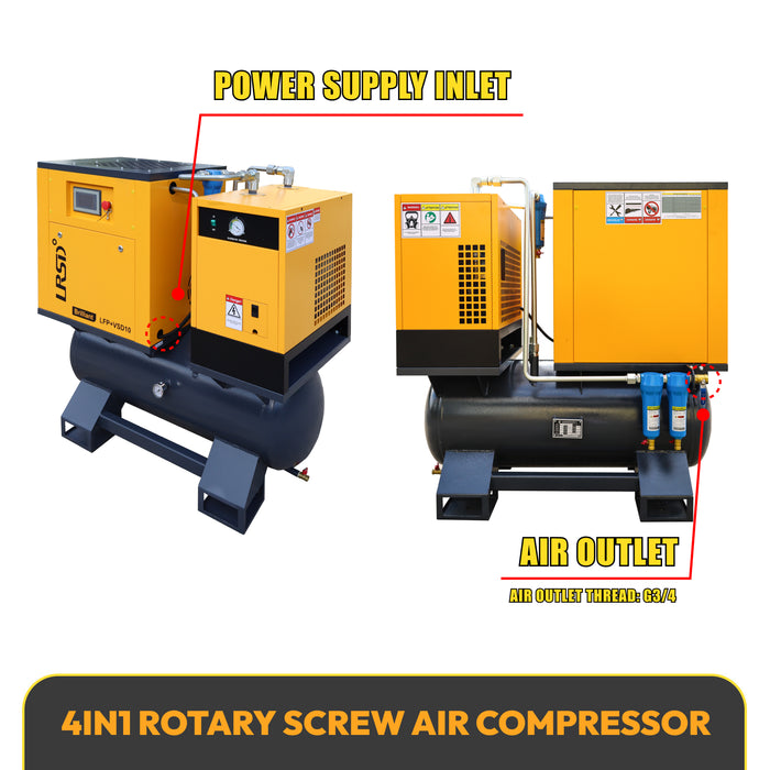 LRSD 4-IN-1 10HP VSD Rotary Screw Air Compressor 37 CFM 1PH 125PSI with 53Gal Tank & Dryer & Filters (LFP+VSD10)