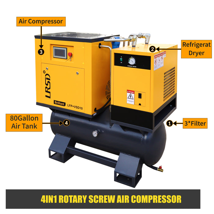 LRSD 4-IN-1 10HP VSD Rotary Screw Air Compressor 37 CFM 1PH 125PSI with 53Gal Tank & Dryer & Filters (LFP+VSD10)