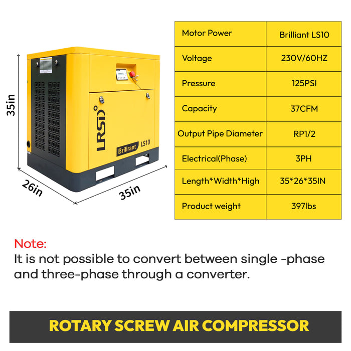 10HP  LRSD Rotary Screw Air Compressor | 37.5 CFM @ 125 PSI | 230V 3-Phase 60Hz |  RP1/2"   (LS 10)
