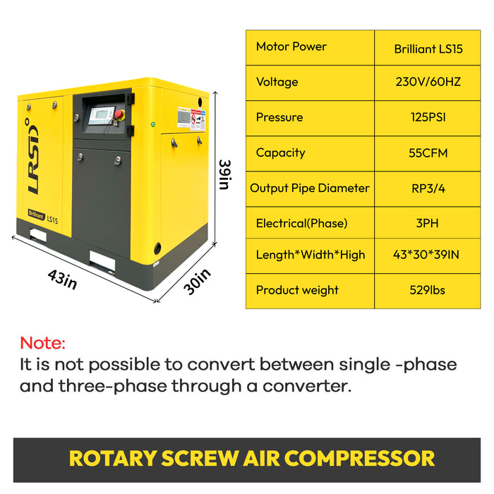 15HP 11KW LRSD Rotary Screw Air Compressor | 55 CFM @ 125 PSI | 460V 3-Phase 60Hz | RP3/4"  |  (LS15)