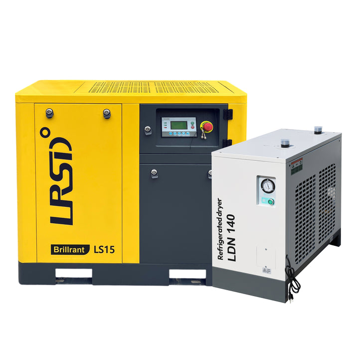 15HP 11KW LRSD Rotary Screw Air Compressor with Refrigerated Air Dryer | 55 CFM @ 125 PSI | 230V 3-Phase 60Hz | RP3/4"  |  (LS15)