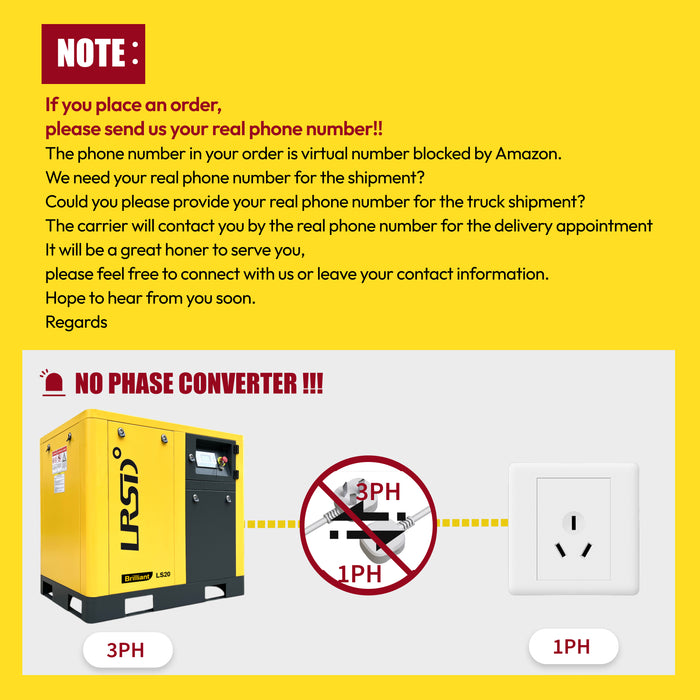 20HP 15KW LRSD Rotary Screw Air Compressor | 75 CFM @ 125 PSI | 230V 3-Phase 60Hz | RP3/4"  | (LS20)