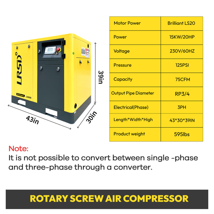 20HP 15KW LRSD Rotary Screw Air Compressor | 75 CFM @ 125 PSI | 230V 3-Phase 60Hz | RP3/4"  | (LS20)