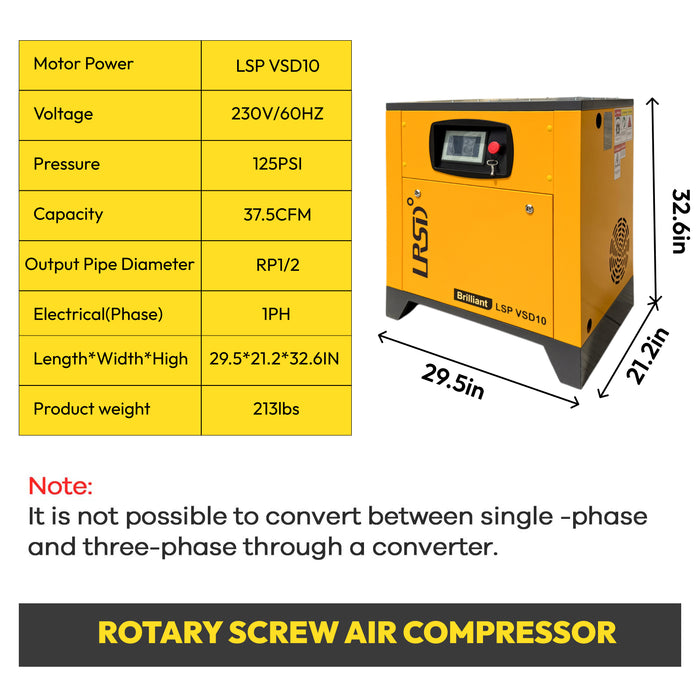 230V 1Phase 125psi 10HP VSD Rotary Screw Air Compressor 37.5 CFM 1HP (LSP VSD10)