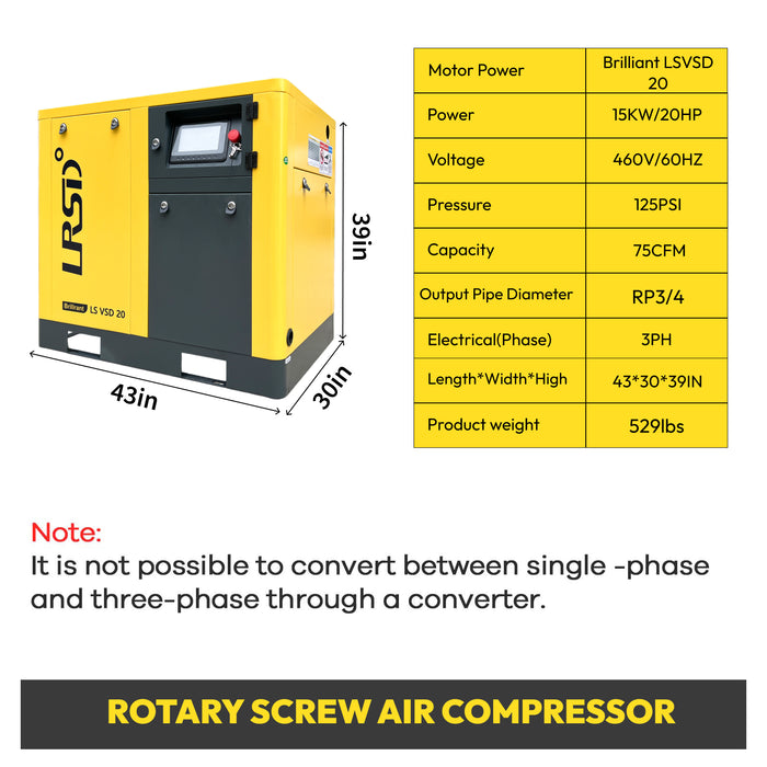 20HP 15KW LRSD VSD Rotary Screw Air Compressor | 75 CFM @ 125 PSI | 460V 3-Phase 60Hz | RP3/4"  | VSD(LS VSD 20)