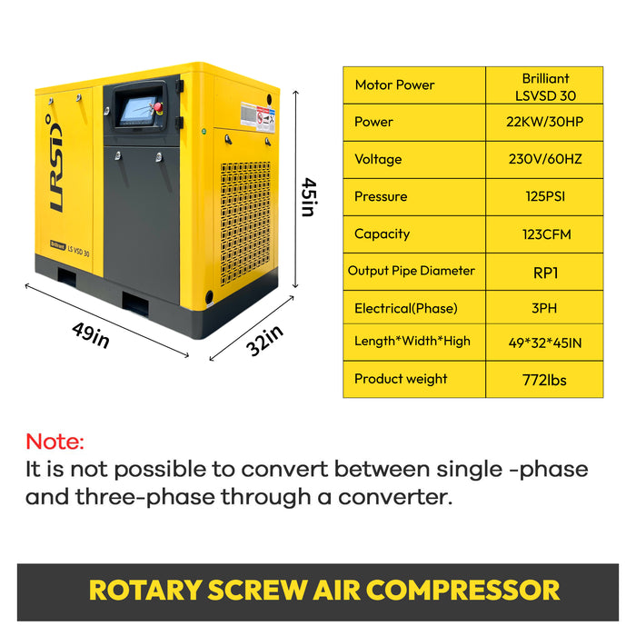 30HP 22KW LRSD VSDRotary Air Compressor | 123CFM @ 125 PSI | 230V 3-Phase 60Hz | RP1  (LSVSD 30)
