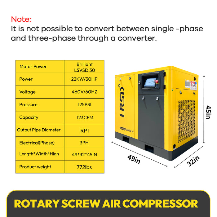 30Hp 3Ph 460V 125PSI Screw Air Compressor with 1 Ph Refrigerated Air Dryer(LSVSD30-460V)