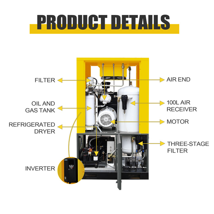 TC Series 15HP 11KW LRSD Rotary Screw Air Compressor | 52.62CFM @ 116PSI | 220V 480V 3-Phase 60Hz |  RP3/4"  |  VSD