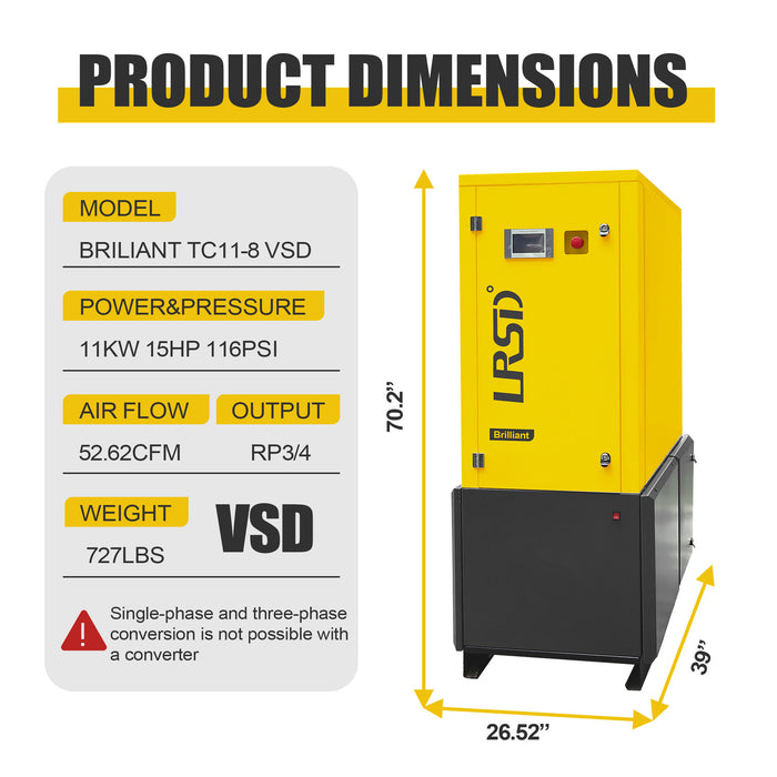 TC Series 15HP 11KW LRSD Rotary Screw Air Compressor | 52.62CFM @ 116PSI | 220V 480V 3-Phase 60Hz |  RP3/4"  |  VSD